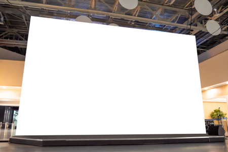 Woman looking at large wall blank interactive display in modern technology exhibition or museum. Mock up, white screen, futuristic, template and education conceptの写真素材