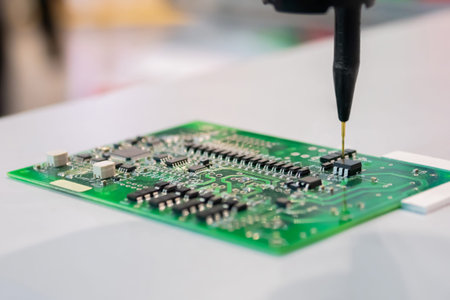 Automatic manipulator with dispenser needle working with SMT computer circuit board - close up....