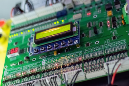 Printed circuit board - pcb for elevator with digital display module at lift exhibition, trade show - close up view. Technology and electronic conceptの写真素材
