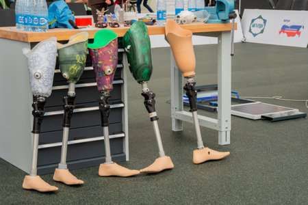 MOSCOW, RUSSIA - JUNE 25, 2019: Exhibition for Rehabilitation. Row of modern prosthetic legs at medical exhibitionのeditorial素材