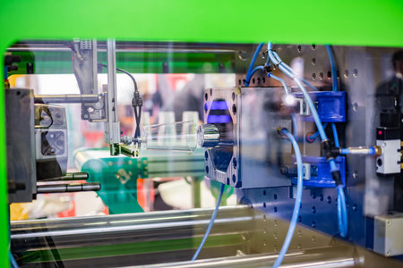 Automatic injection molding machine making disposable plastic cup at exhibition, trade show....