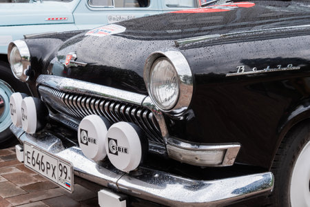 NIZHNY NOVGOROD, RUSSIA - JUNE 15, 2020: Classic Soviet Car Exhibition. Customized black sport, rally car - GAZ M21 Volga. Historical, retro, vintage and nostalgia conceptのeditorial素材