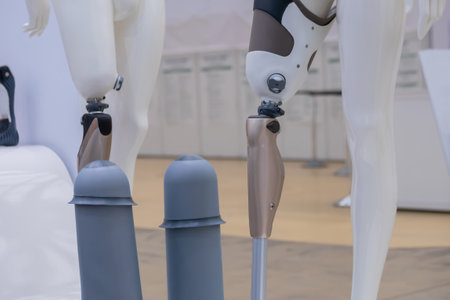 Dummy with modern prosthetic leg at medical exhibition, trade show - close upの写真素材