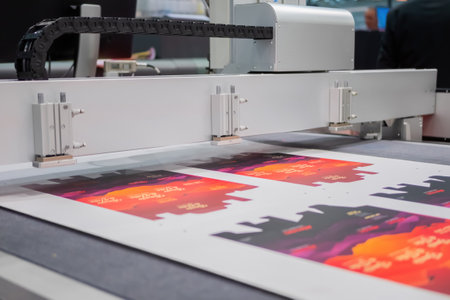 MOSCOW, RUSSIA - JANUARY 5, 2020: Advertising Exhibition. Large format colorful printing - digital printer during work at printing house, trade show: close upのeditorial素材
