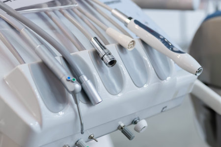 Different tools and dentistry instruments in dental office, surgery. Stomatology, healthcare, workplace and medicine conceptの写真素材