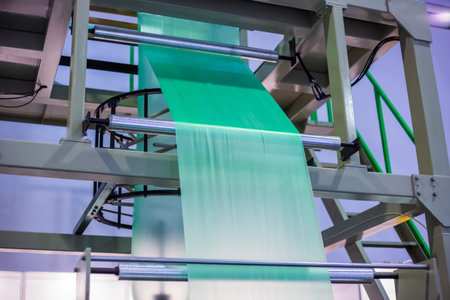 Part of automatic plastic bag making machine with flat polyethylene green film at exhibition, trade show. Manufacturing, recycling, industry and automated technology equipment conceptの写真素材
