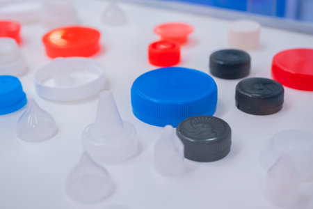 Plastic caps, covers for medical glass bottles in showcase at pharmaceutical exhibition, pharmacy laboratory. Pharma industry, science, medicine, experiment and healthcare conceptの写真素材