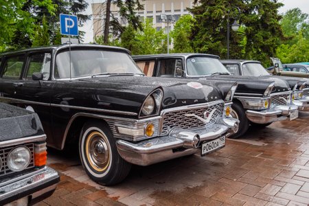 NIZHNY NOVGOROD, RUSSIA - JUNE 15, 2020: Classic Soviet Car Exhibition. Customized black GAZ-13 Chaika. Historical, retro, vintage and nostalgia conceptのeditorial素材