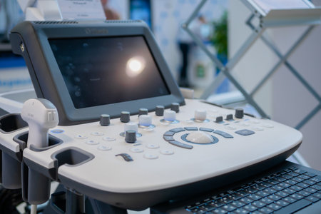 MOSCOW, RUSSIA - JANUARY 10, 2020: Healthcare Exhibition. Ultrasound machine with control panel and sensors - close up viewのeditorial素材