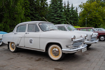 NIZHNY NOVGOROD, RUSSIA - JUNE 15, 2020: Classic Soviet Car Exhibition. Customized white GAZ M21 Volga. Historical, retro, vintage and nostalgia conceptのeditorial素材