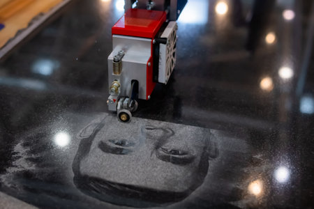 MOSCOW, RUSSIA - JANUARY 5, 2020: Funeral Exhibition. Stone engraving machine etching man portrait on black granite gravestone. Technology, equipment, manufacturing conceptのeditorial素材