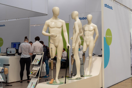 MOSCOW, RUSSIA - JUNE 25, 2019: Exhibition for Rehabilitation. Dummies with modern prosthetic leg at medical exhibition, trade showのeditorial素材