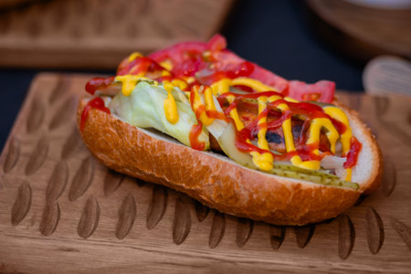 Sandwich, hot dog with sausage, mustard and sause ketchup on wooden board on table at outdoor street food festival, market. Gastronomy, sale and takeaway food conceptの写真素材