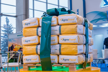 MOSCOW, RUSSIA - JUNE 05, 2019: Agriculture exhibition. Bags installation with concentrates, premixed fodders and fodder additives for farm animals at trade showのeditorial素材