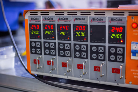 MOSCOW, RUSSIA - JUNE 05, 2019: Plastic Exhibition. Bincube developed hot runner temperature control card and box for injection mold machine at trade showのeditorial素材