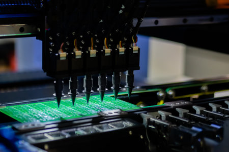 Automatic SMD pick and place machine during work - assembly of computer circuit board at factory - close up. Automated technology, industrial, robotic, electronic, production, manufacturing conceptの写真素材