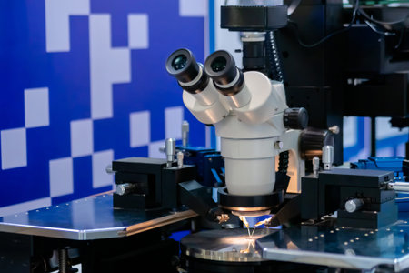 Professional microscope at technology exhibition, trade show. Laboratory equipment, science, optical...