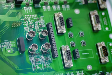 Green computer printed circuit board - close up view. Technology, industrial, production and...