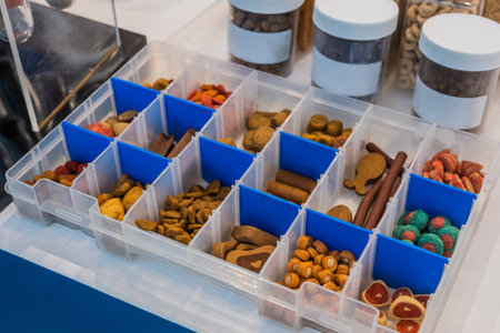 Different kinds of pelleted compound feed, fodder and dog food at agricultural animal exhibition, trade show - close up view. Farming, agriculture, husbandry conceptの写真素材