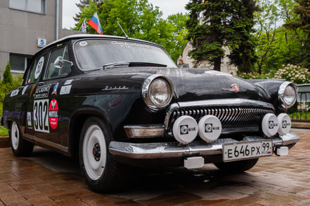 NIZHNY NOVGOROD, RUSSIA - JUNE 15, 2020: Classic Soviet Car Exhibition. Customized black sport, rally car - GAZ M21 Volga. Historical, retro, sport, vintage and nostalgia conceptのeditorial素材