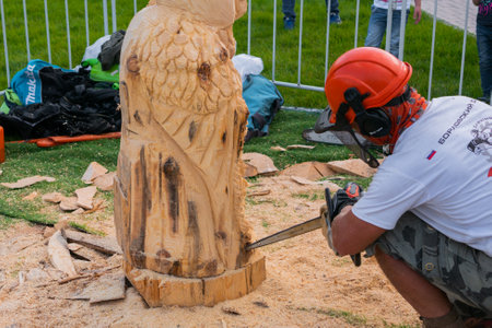 NIZHNY NOVGOROD, RUSSIA - JUNE 15, 2020: Summer Outdoor Festival. Man carpenter, wood sculptor using chainsaw for carving wooden sculpture. Carpentry, craftsmanship, design conceptのeditorial素材