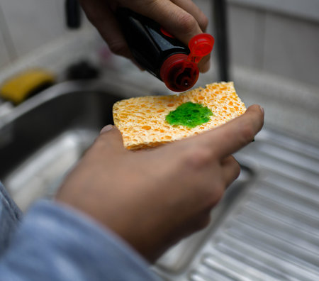 dish soap and scouring sponge