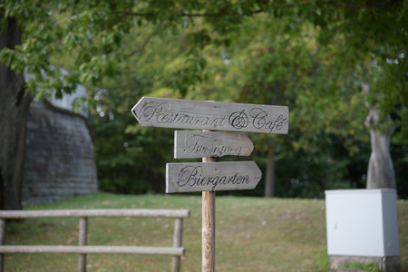 There are direction signs made of wood in the garden.の写真素材