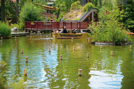 Kayaks floating in the small lakeの写真素材