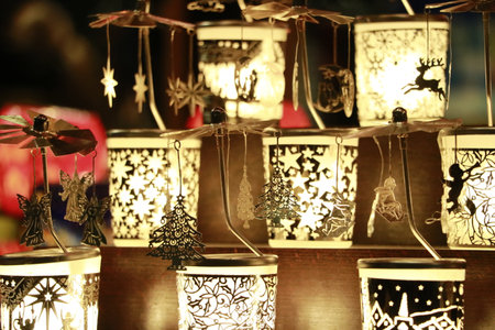 Illuminated decorative products are displayed in the shop window.の写真素材