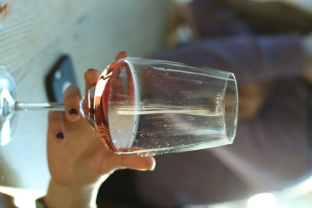 Woman holding a glass of wine in her hand. Selective focus.の写真素材