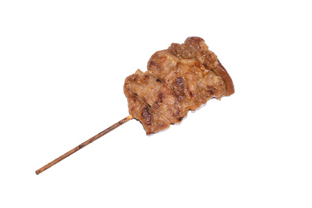 Grilled pork with bamboo stick isolated on white background , Thai Traditional Foodの写真素材