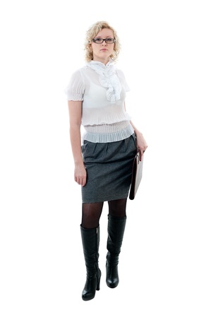 Women in white blouse  and grey skirt isolated on white backgroundの写真素材