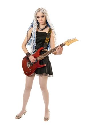 Young guitarist with red guitar on white backgroundの写真素材