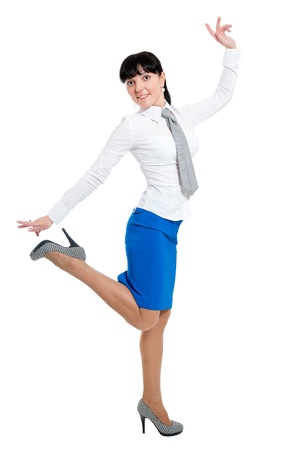 Beauty women in white shirt and blue skirt isolated on white backgroundの写真素材