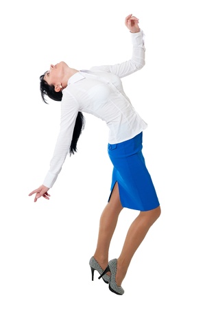 Beauty women in white shirt and blue skirt isolated on white backgroundの写真素材