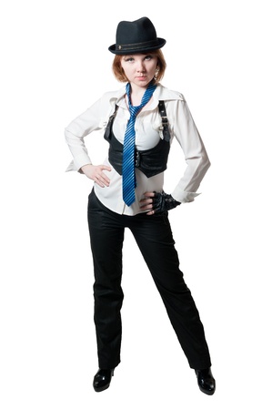 the beautiful girl dressed as the gangster isolated on white backgroundの写真素材