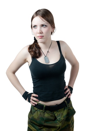 the girl in a military uniform isolated on whiteの写真素材