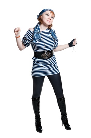 the beautiful girl dressed as the pirate isolated on white backgroundの写真素材