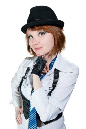 the beautiful girl dressed as the gangster isolated on white backgroundの写真素材