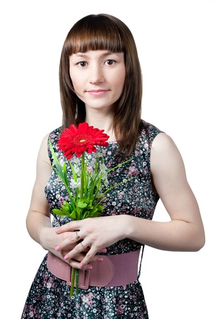women in flower pattern dress with red flower isolated on whiteの写真素材