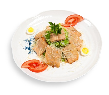 caesar salad with slices of tuna isolated on whiteの写真素材