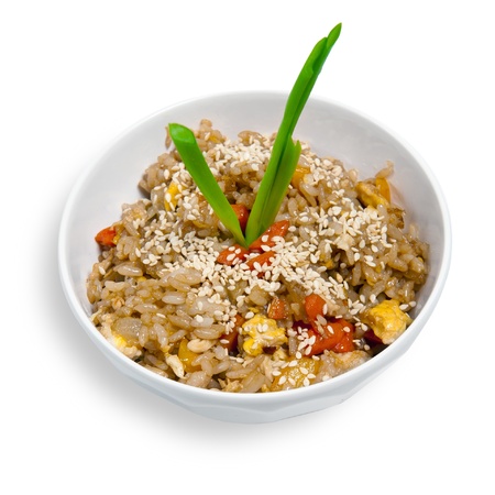 japanese risotto with seafood isolated on white backgroundの写真素材