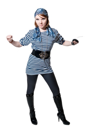 the beautiful girl dressed as the pirate isolated on white backgroundの写真素材