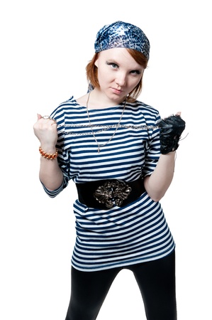 the beautiful girl dressed as the pirate isolated on white backgroundの写真素材