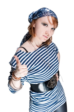the beautiful girl dressed as the pirate isolated on white backgroundの写真素材