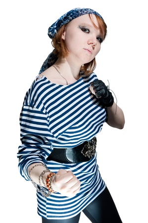 the beautiful girl dressed as the pirate isolated on white backgroundの写真素材