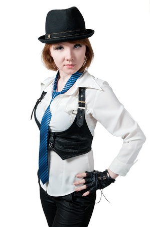 the beautiful girl dressed as the gangster isolated on white backgroundの写真素材