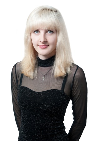 beautiful blonde in  black dress isolated on whiteの写真素材