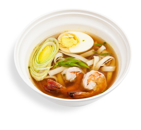 soup noodles with prawns isolated on white backgroundの写真素材