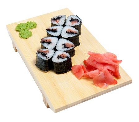 sushi on wooden stand isolated on white backgroundの写真素材